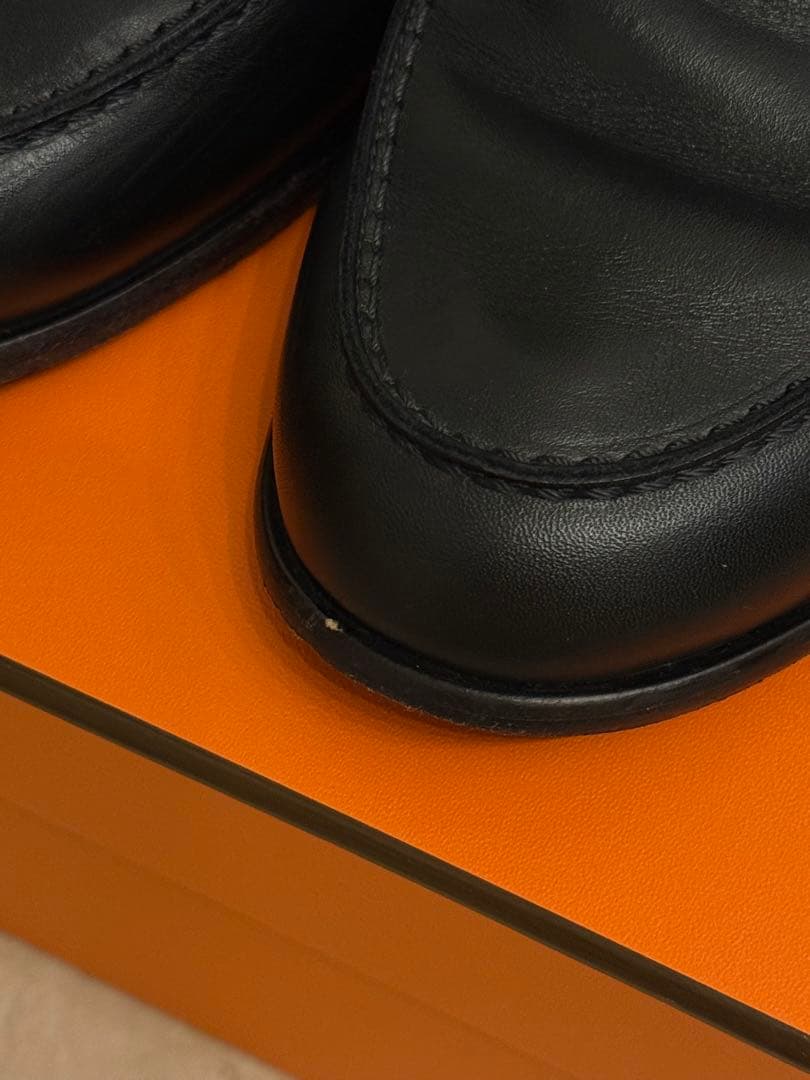 エルメス/モカシン 《デスタン》黒のレザー ローファー 金属バックル付き39