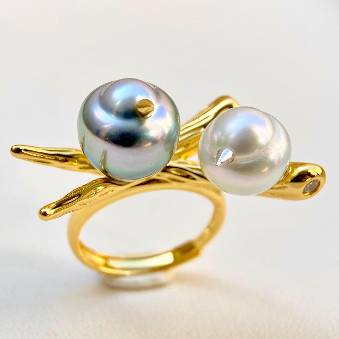 本真珠 南洋黒蝶真珠ダブルリング「鳥と枝」13mmダークグリーンL1259