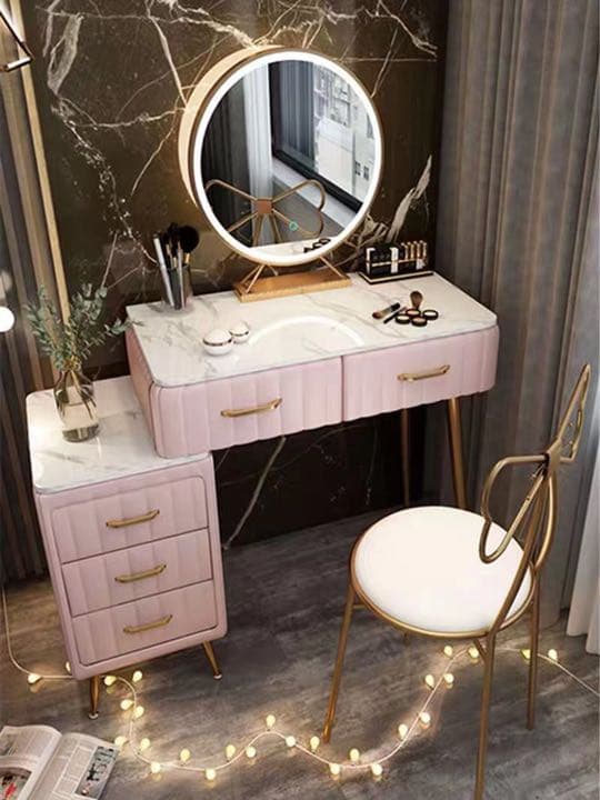 オシャレドレッサー ピンク デスク引き出し2杯LEDミラー 椅子 棚4点