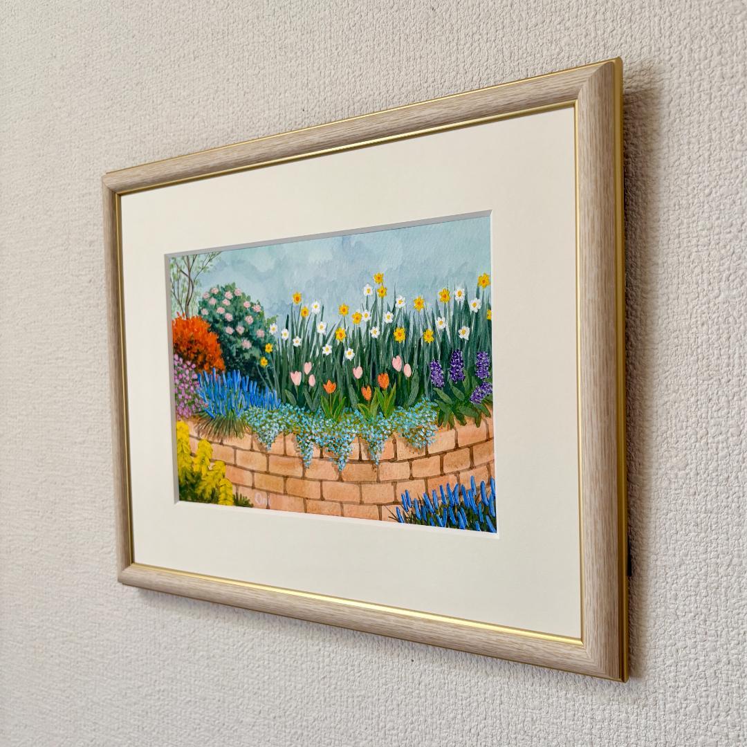 アクリル画 原画 「小さな花壇04」額縁付 SMサイズ 風景画
