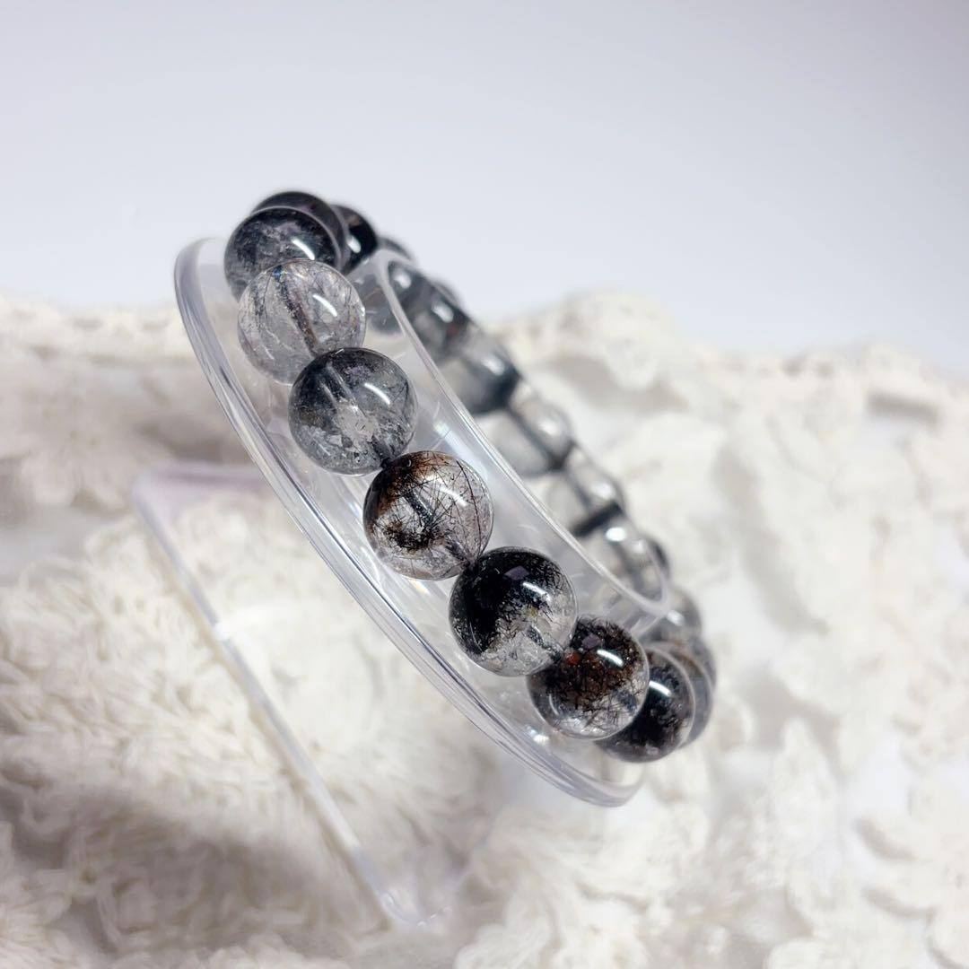 高透明 ブラックルチル ガーデンクォーツブレスレット 虹入り 金運魔除