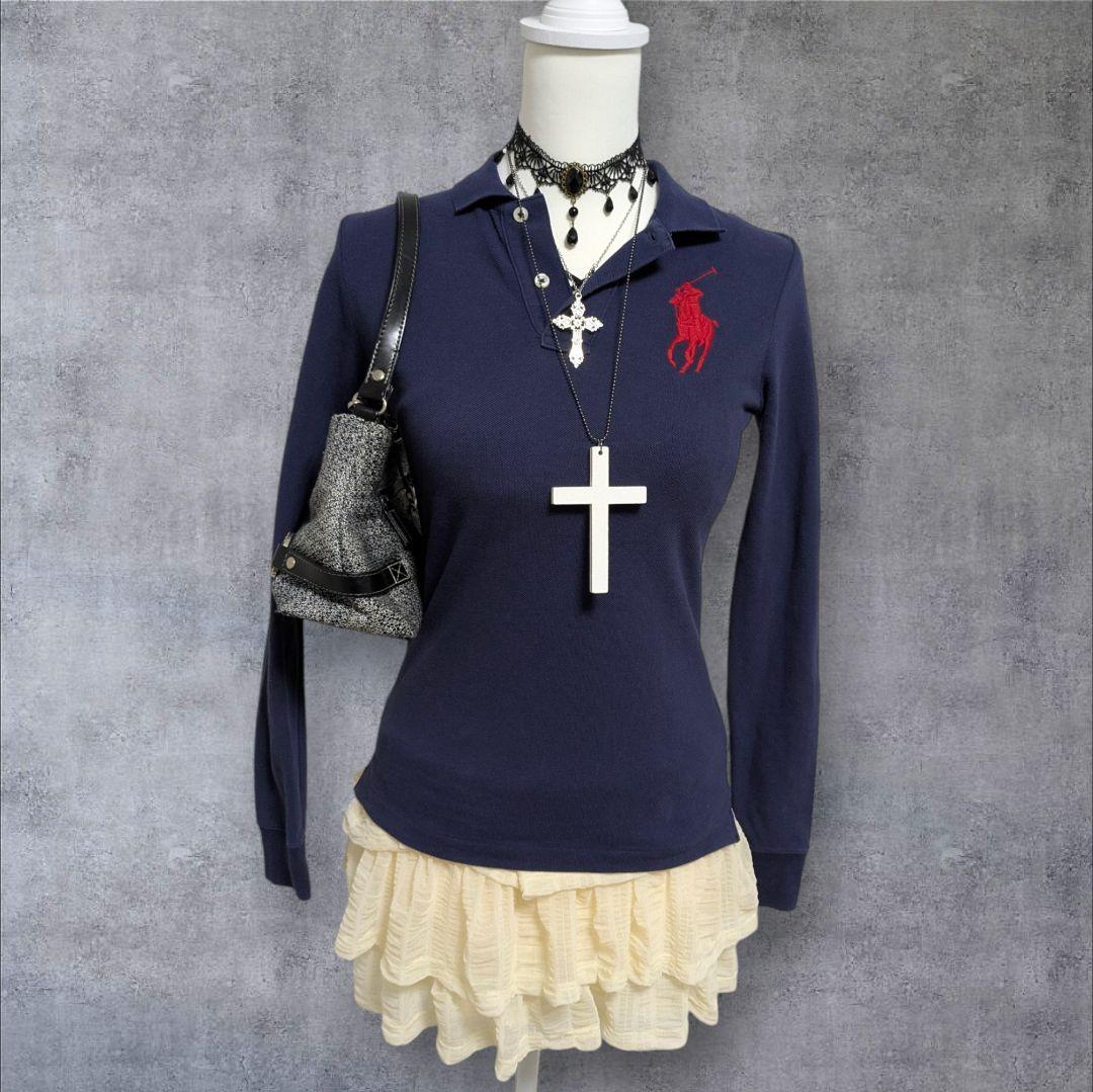 Y2K ラルフローレン ビックポニー ブルー ピチ ポロシャツ 平成ギャル