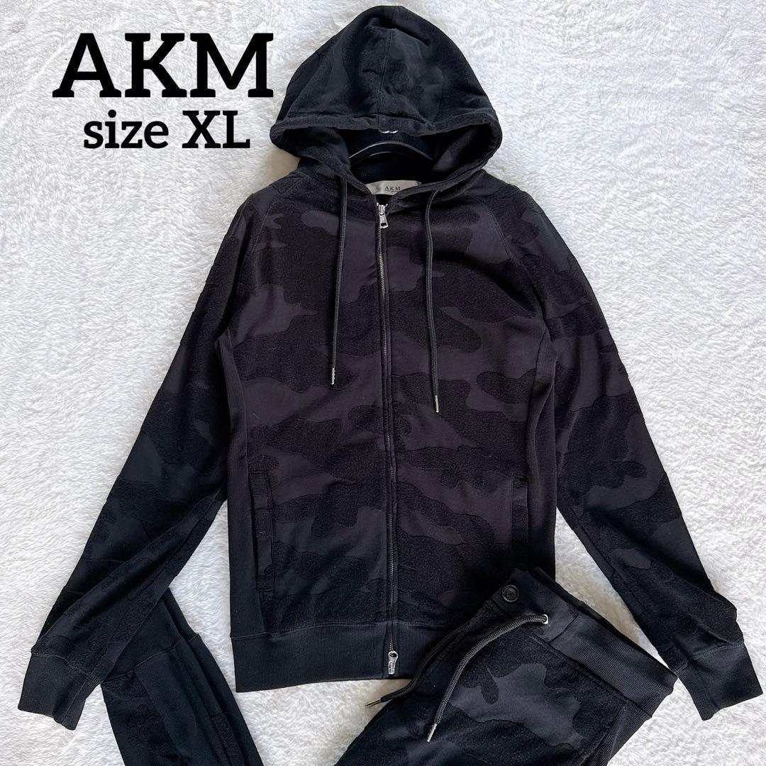 【AKM】セットアップ ジップパーカー パンツ XLサイズ ブラック カモフラ 定価8 4万 AKM stretch jersey solid raglan parka＆half pants サイズ