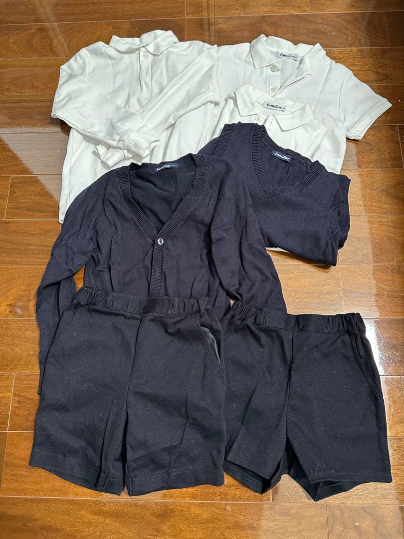 お受験7点セットfamiliar カーディガンとショートパンツセット 黒・白・紺 子供服 フォーマル カーディガン 女の子 お受験 面接 通学 幼児教室