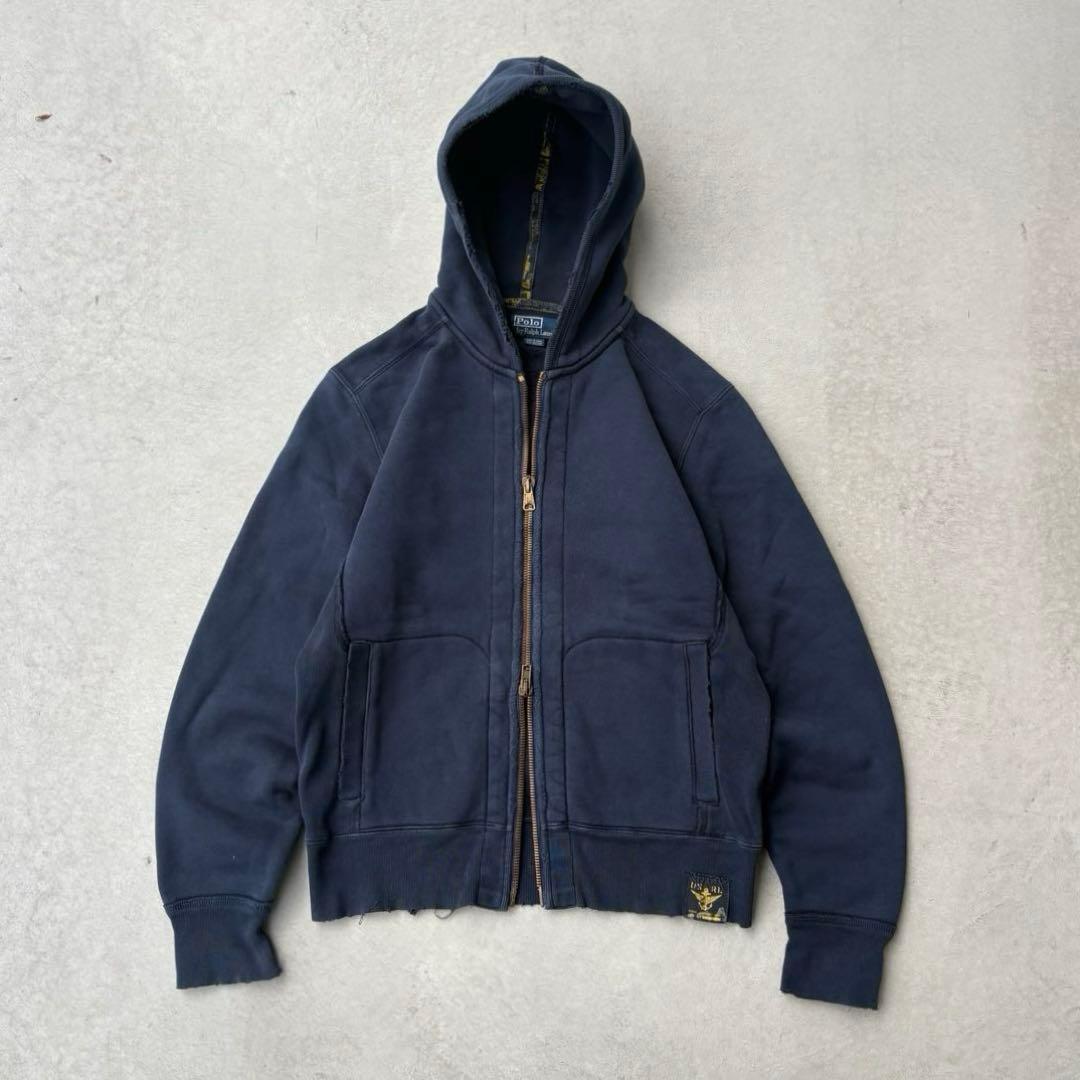 90s ラルフローレン 短丈 ジップパーカー ポニー無し ナス紺 ダブル