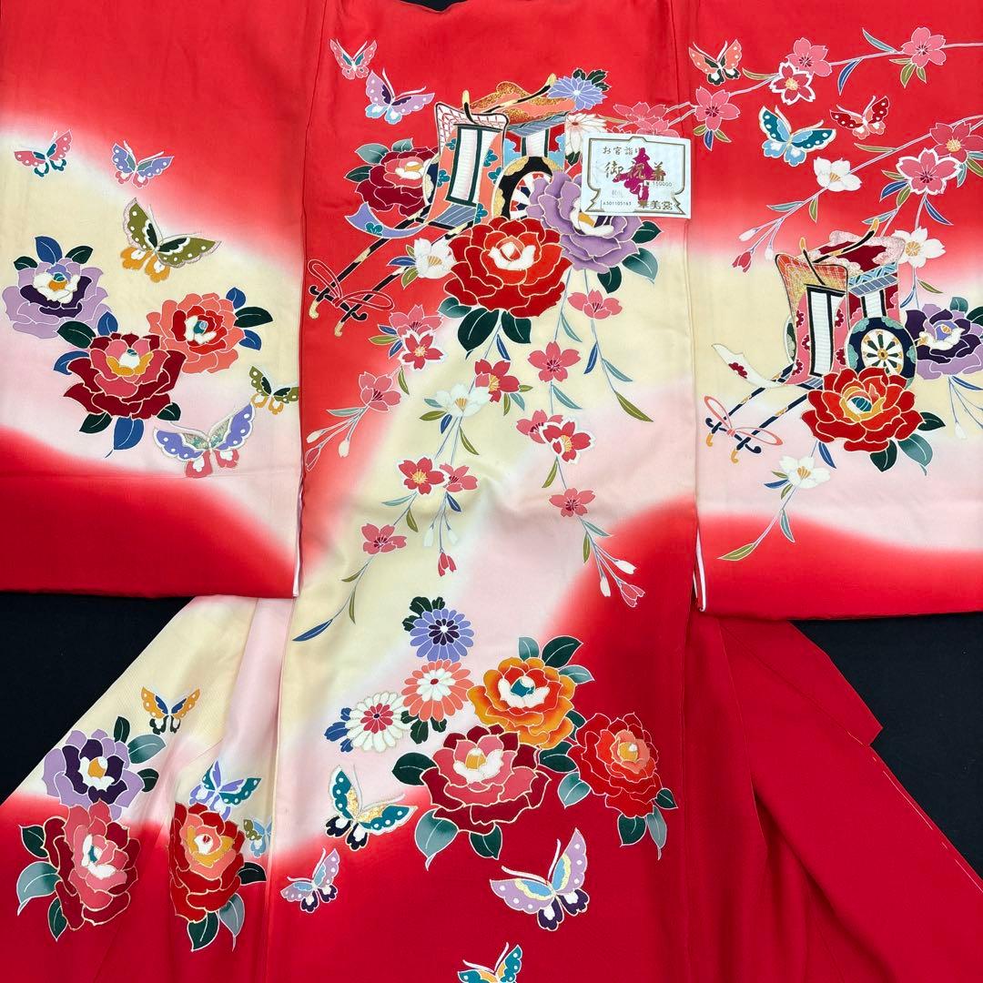 新品☆最高級正絹産着（祝着）特選京友禅手描き美術特選染古典豪華花御所車四季花本金 京の一流染匠】 本手描き友禅付下げ着尺 「流水桜楓文」 上質加工の