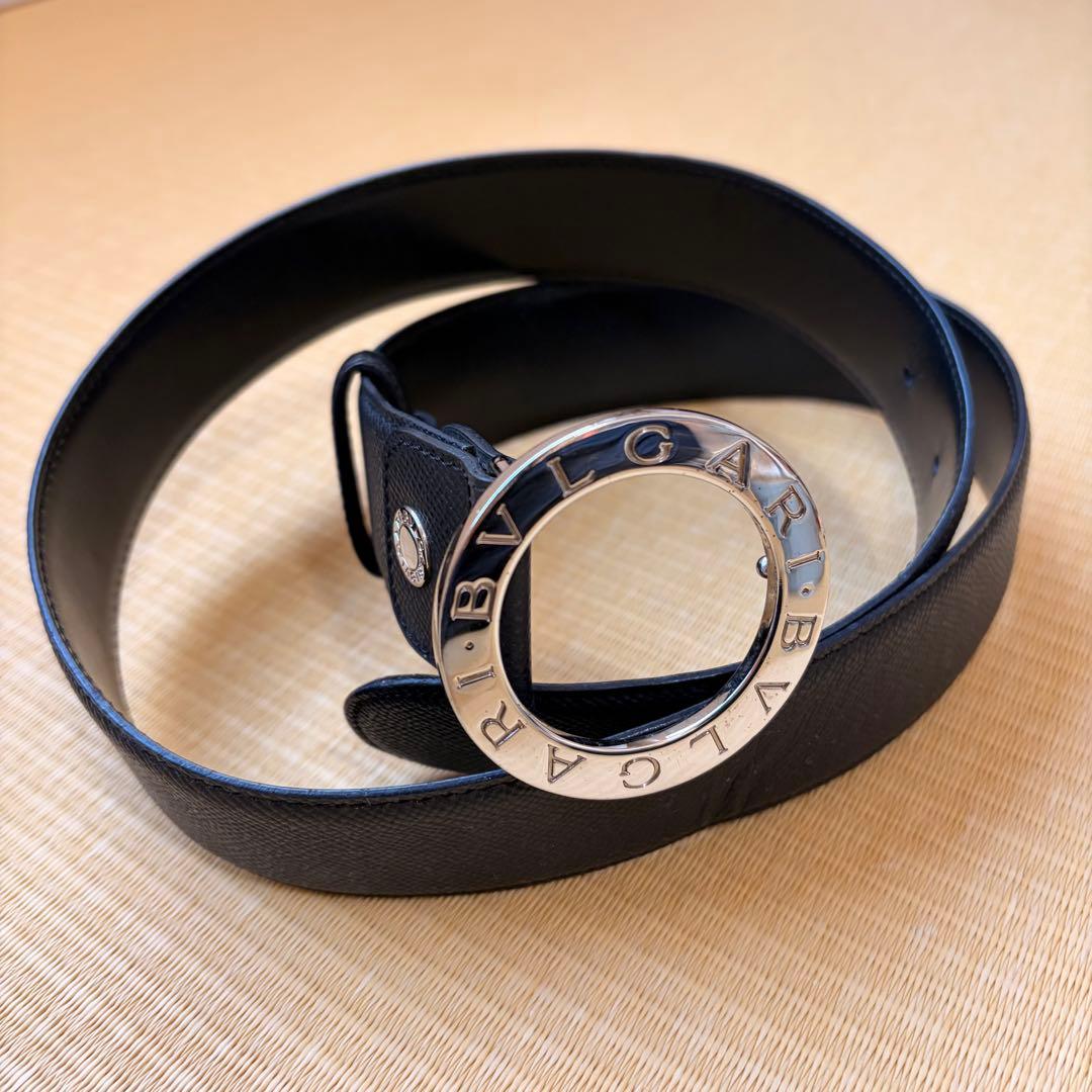 BULGARI ブラックレザーベルト　ブランド　ブルガリ　美品　サークルロゴ BVLGARI - 美品 BVLGARI ブルガリ サークルロゴ レザーベルト ブラック