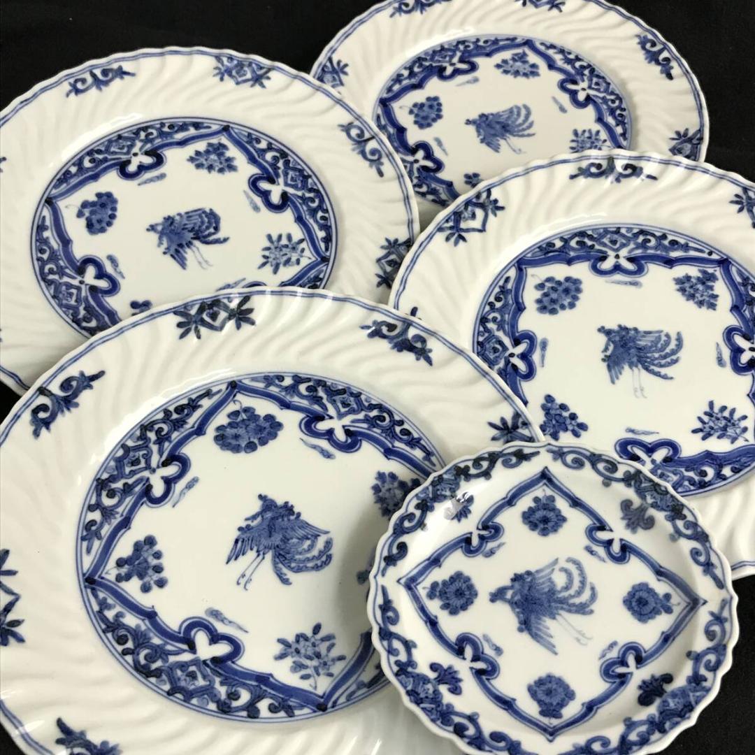 山本長左作 九谷焼 染付 花鳥文 皿 4客 輪花皿 径20cm×4 11㎝×1 宮内庁御用窯 四方皿揃 染色桃花花鳥文 山本長左 | 九谷焼専門店陶らいふ