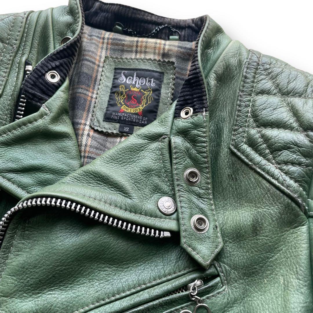 Schott クラシックレーサー グリーン レザーダブルライダース