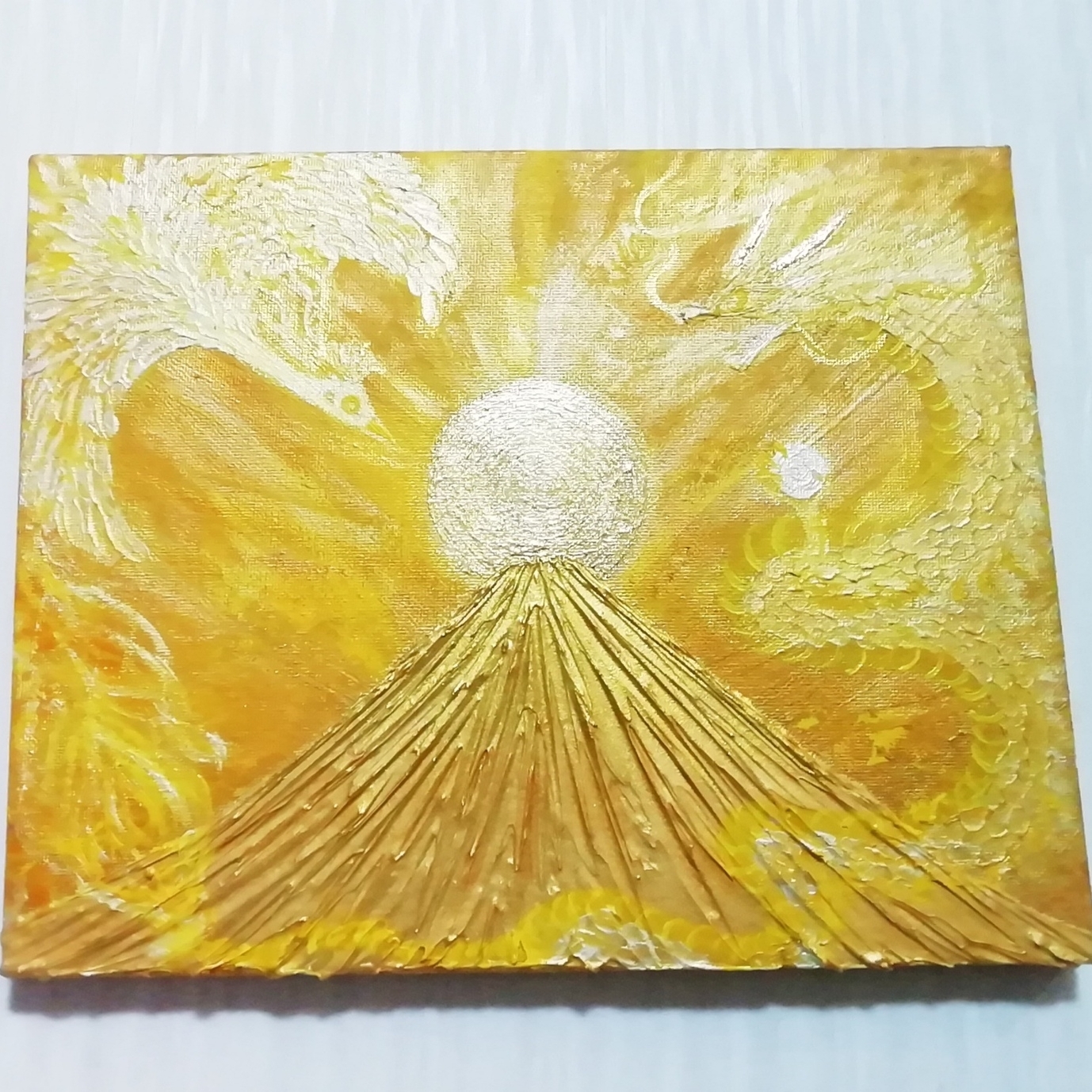 完売 風水開運黄金絵画＊金箔陽光 黄金昇龍と鳳凰日の出金富士 金運