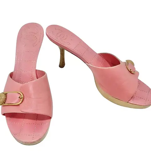 CHANEL Leather Open Toe Mules Heels 38 7 Pink Buckle CC Logo 2004