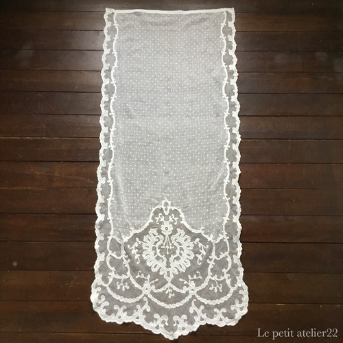 フランス アンティーク レース カーテン ローン＆チュール 刺繍 W 55cm