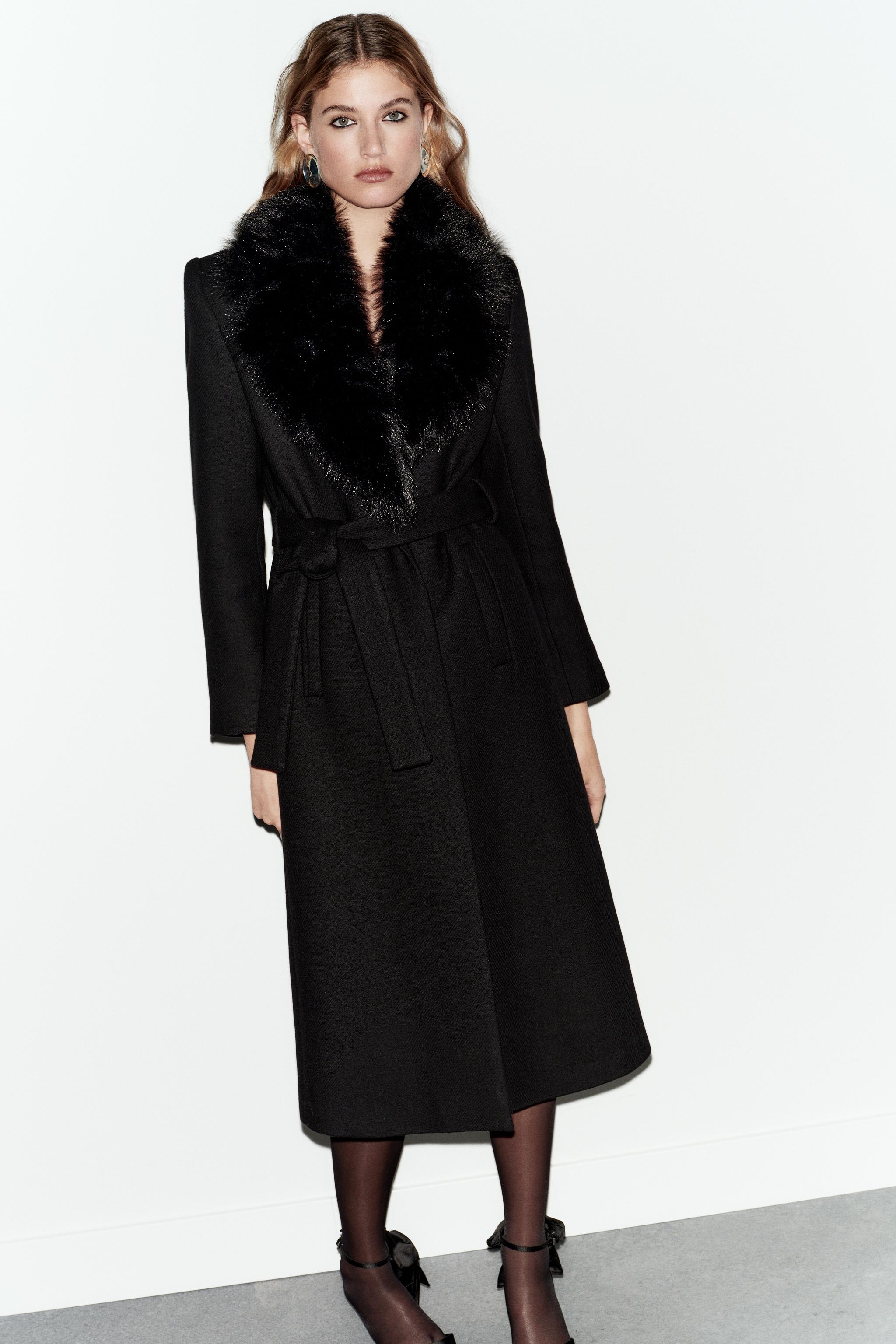 フェイクファーラペル ウールコート ベルト付き - ブラック | ZARA