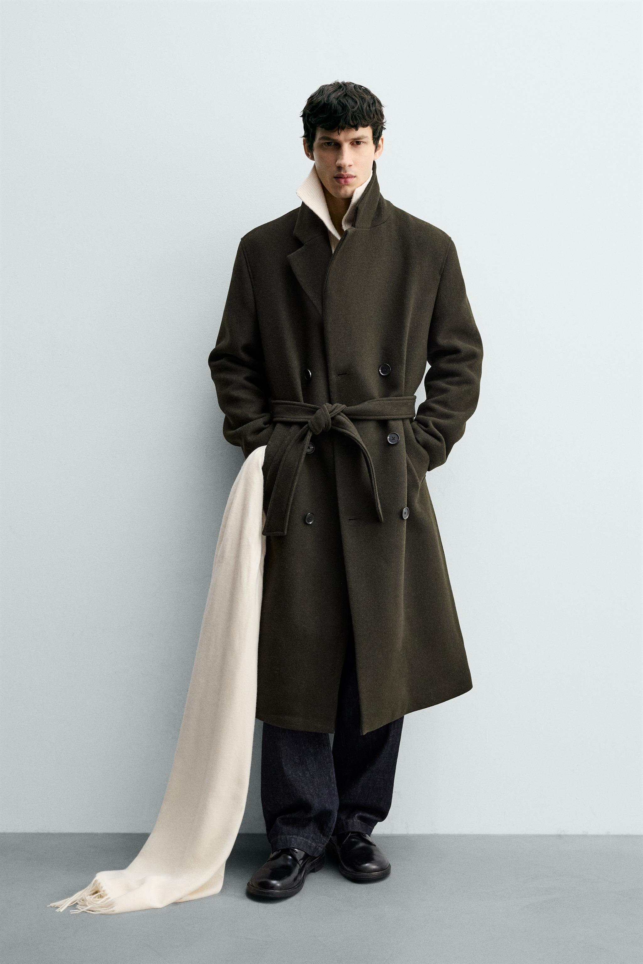 ウール混ベルト付きダブルブレストコート - ダークカーキ | ZARA Japan