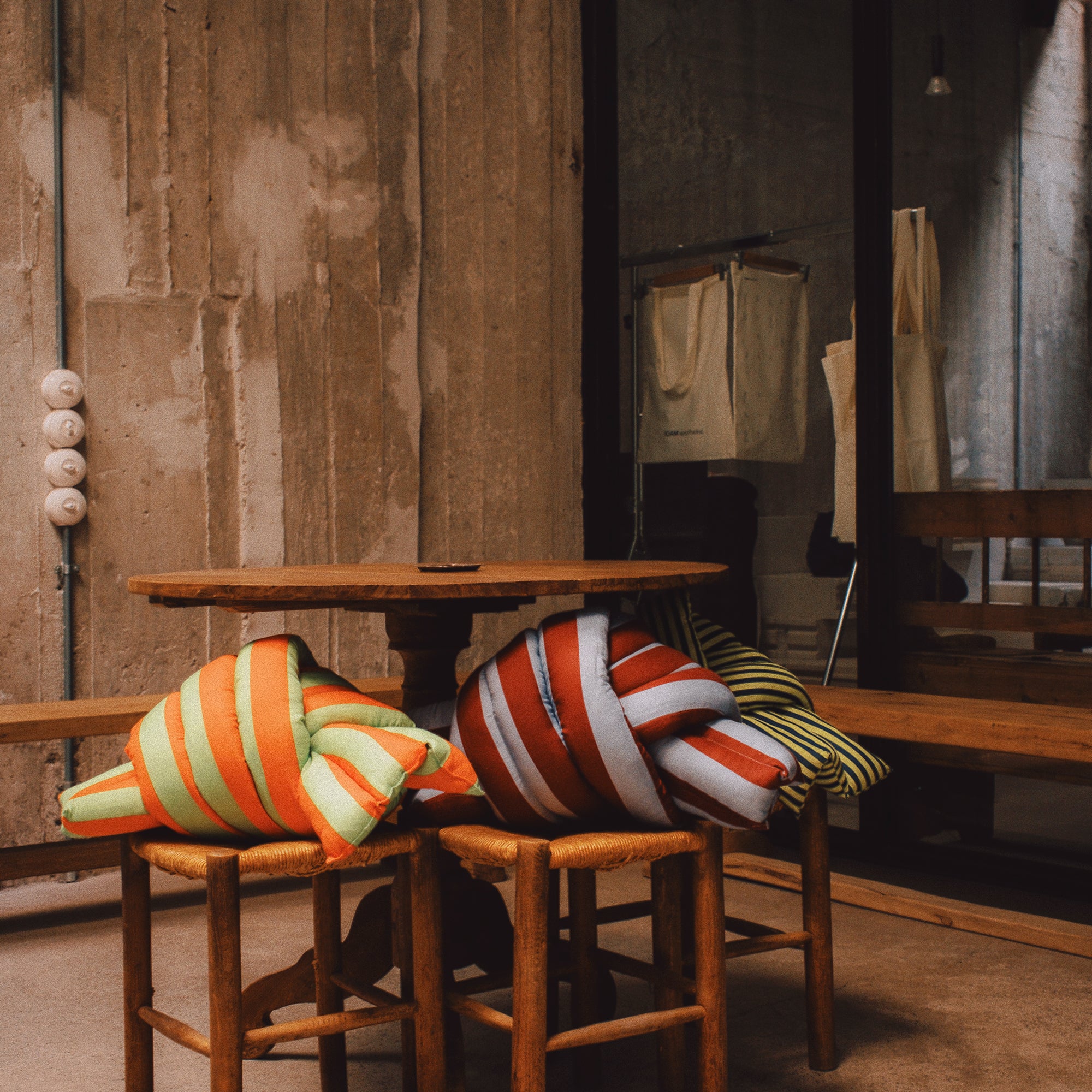 Musubi Cushion - Linen&Rayon | Candy Stripes in Pumpkin x Lime Green