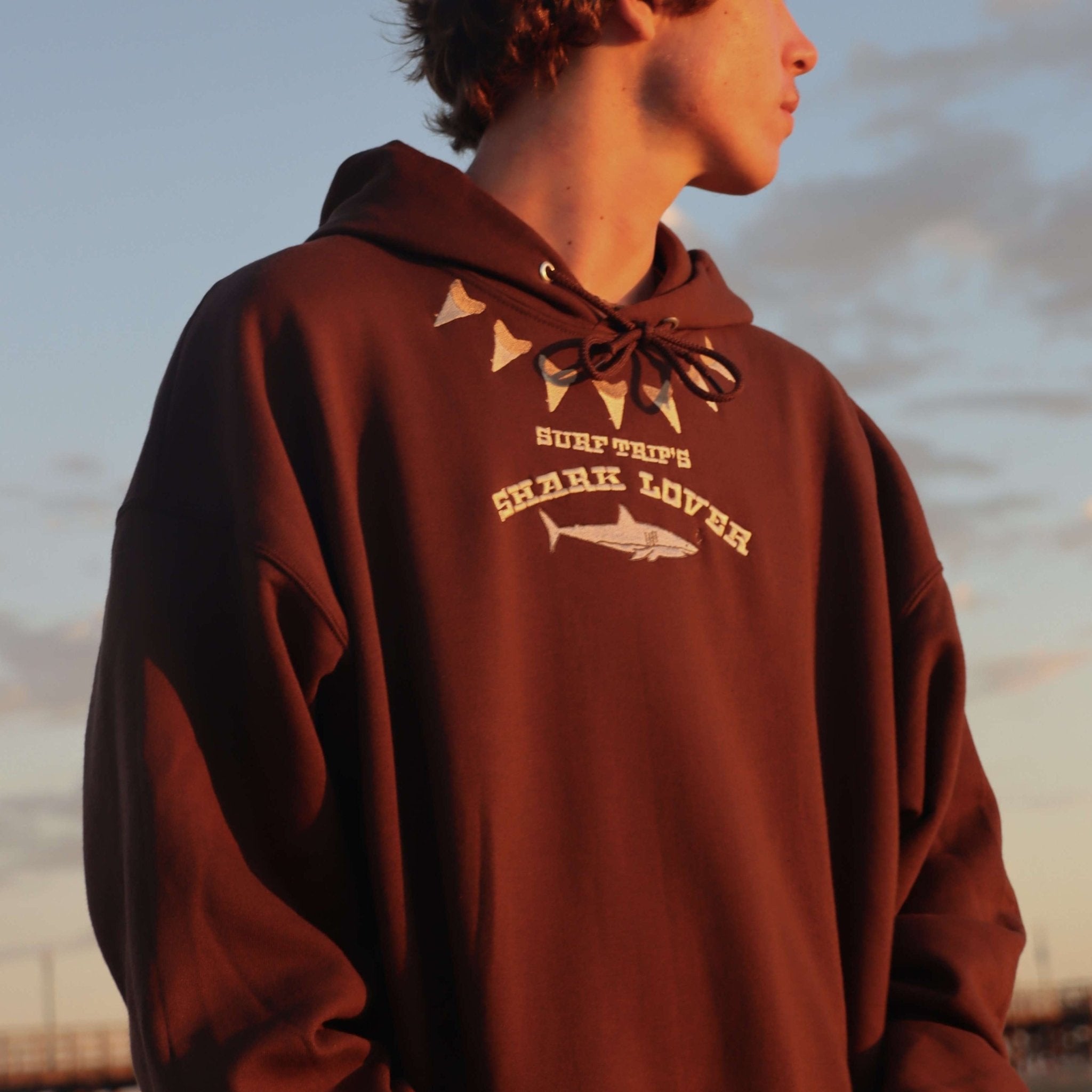 Shark Embroidered Hoodie Brown – Surf Trip Supply