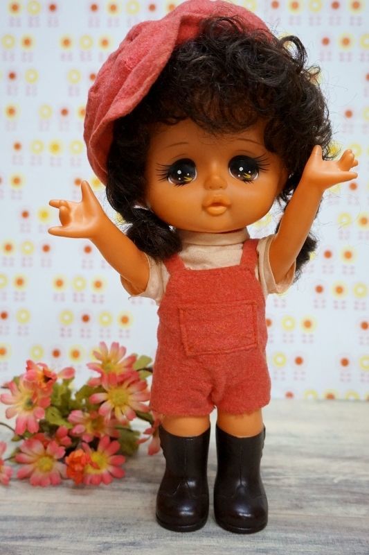 お値下げ 昭和レトロ 女の子人形 オーバーオール ソフビドール 28cm OM432